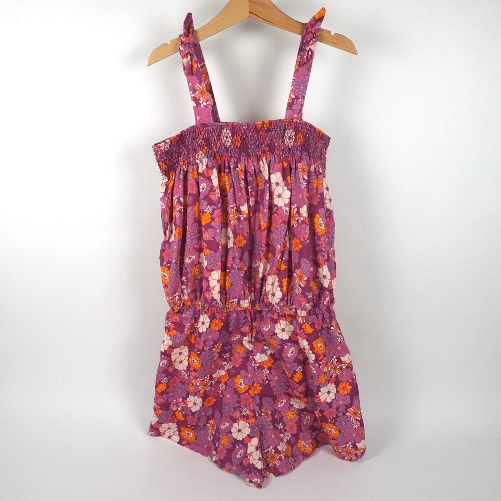 Gap Kids Floral Romper Kids‎ XL 12 Purple Orange Smocked Tie Strap NWT